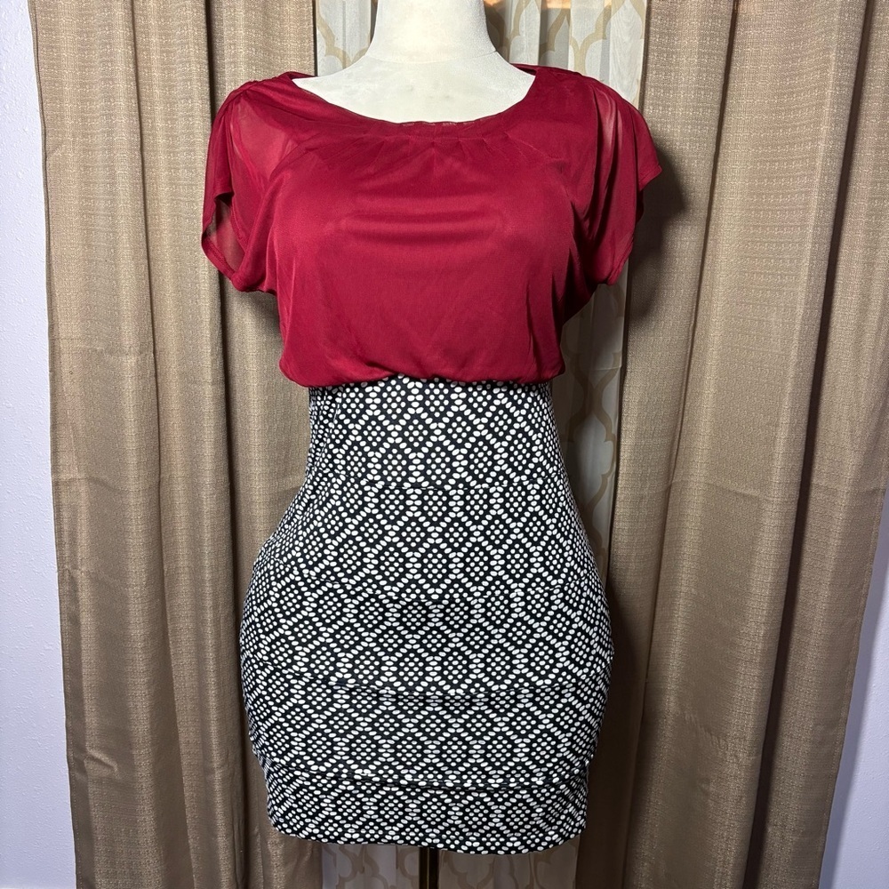 Enfocus Studio Burgundy Top with Black and White Patterned Mini Dress